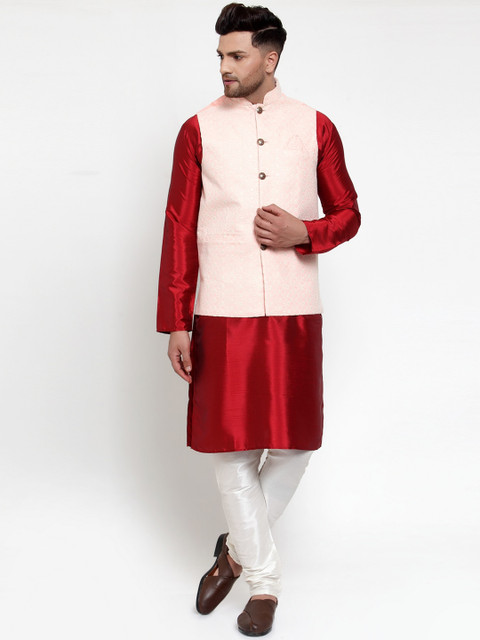 

Jompers Men Maroon Solid Kurta Set with Nehru Jacket