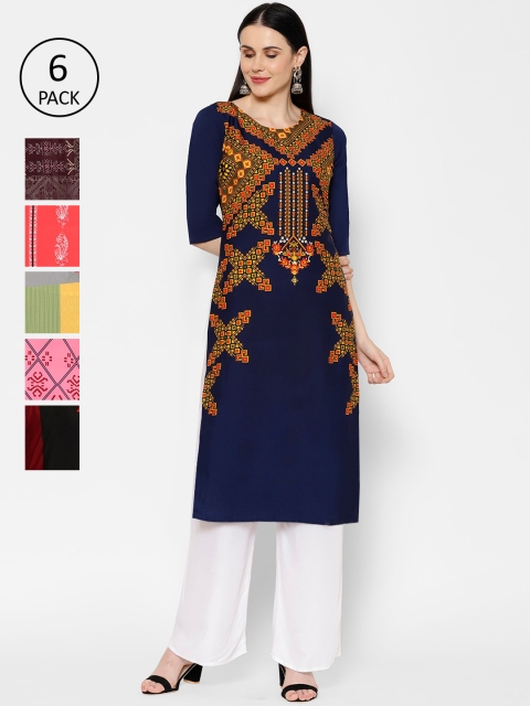 

7Threads Women Pack Of 6 Multicoloured Printed Straight Kurtas, Multi
