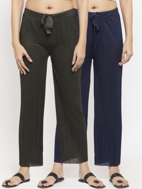 

NEUDIS Women Pack Of 2 Solid Navy Blue & Olive Green Straight-Leg Palazzos