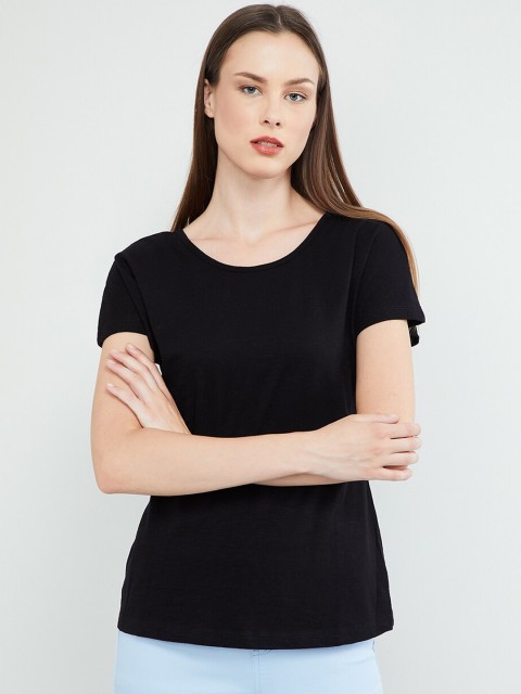 

max Women Black Solid Round Neck T-shirt