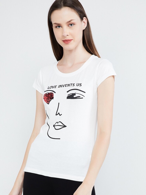 max Women White & Black Printed Round Neck T-shirt