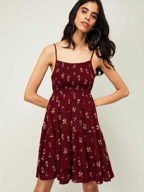 

Ginger by Lifestyle Women Burgundy Floral Printed Fit and Flare Dress