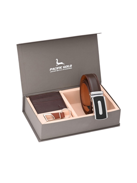 

Pacific Gold Men Brown & Silver-Toned Genuine Leather Accessory Gift Set