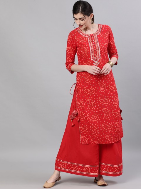 

Ishin DESIGNER STUDIO Women Red & Red Bandhani Printed Kurta with Sharara