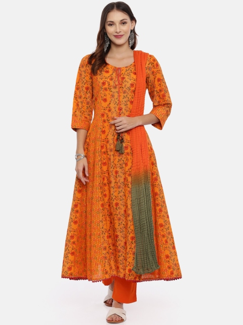 

Neerus Women Orange & Green Printed Kurta with Trousers & Dupatta