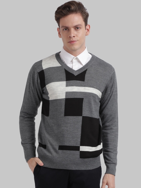 Parx Men Grey & Black Colourblocked Pullover Sweater