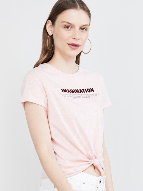 

max Women Peach-Coloured Printed Cotton Round Neck T-shirt