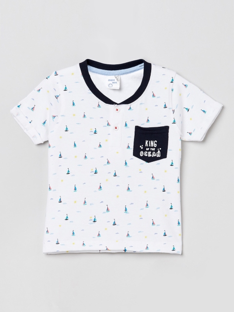 max Boys White & Blue Printed Round Neck T-shirt