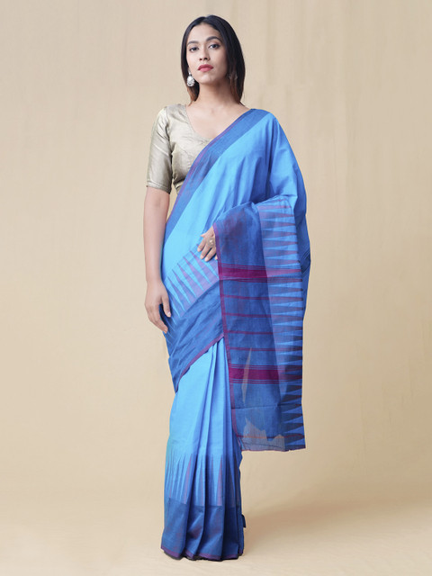 

Unnati Silks Blue Pure Cotton Solid Kanjeevaram Handloom Saree