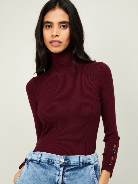 

Ginger by Lifestyle Women Burgundy Ribbed Pullover Sweater