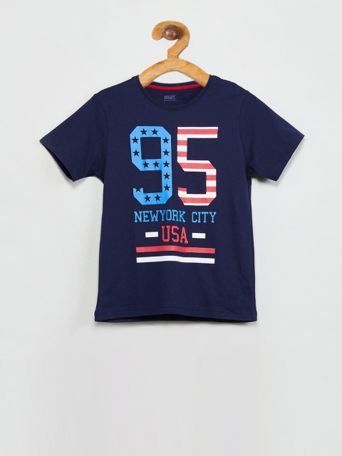 

max Boys Navy Blue Printed Round Neck T-shirt