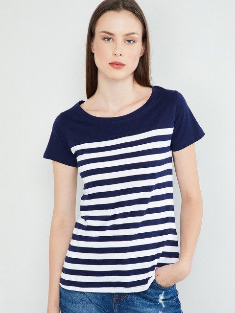 

max Women Navy Blue Striped Round Neck T-shirt
