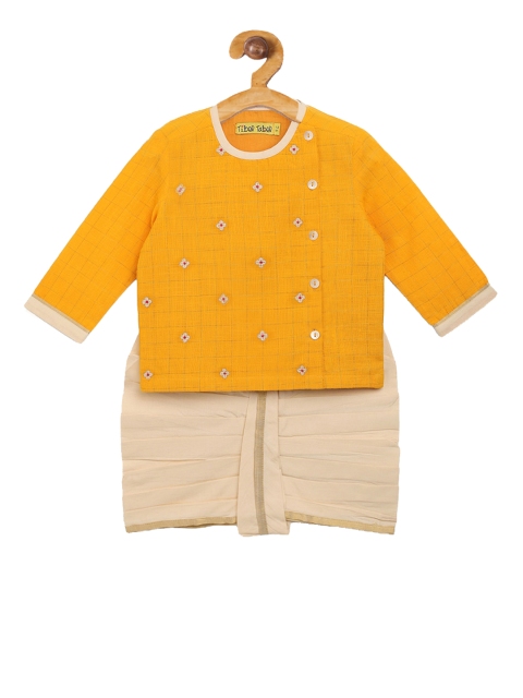 

Tiber Taber Boys Yellow & Beige Embroidered Kurta with Dhoti Pants