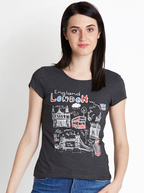 

Honey by Pantaloons Women Charcoal Printed Round Neck T-shirt