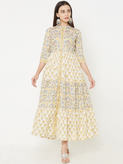 

FASHOR Women Yellow Printed Fit and Flare Dress