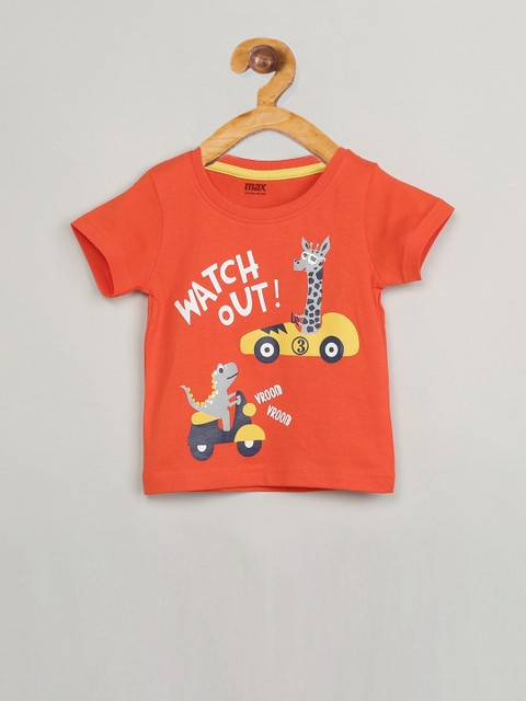 

max Boys Orange Printed Round Neck T-shirt