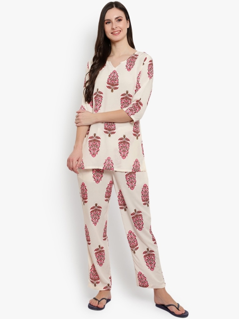 

Desi Rang Women Pink & Off-White Floral Printed Night Suit