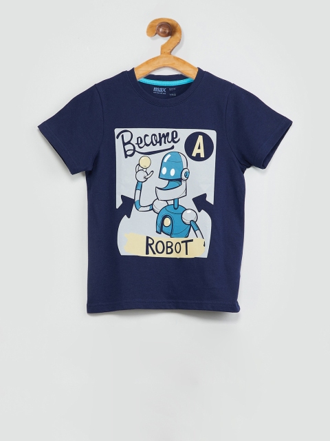 

max Boys Navy Blue Printed Round Neck T-shirt