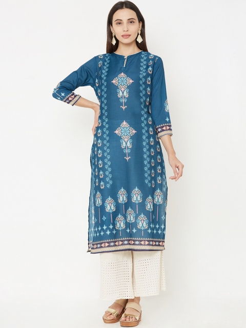 

FASHOR Women Teal & Peach-Coloured Printed Straight Kurta
