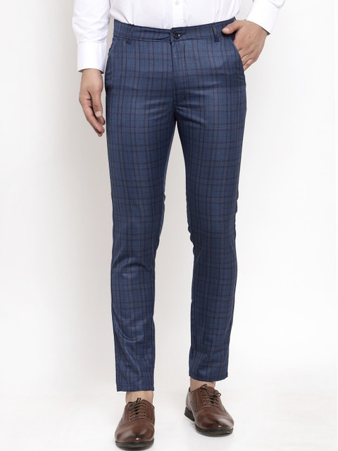 

JAINISH Men Navy Blue Slim Fit Checked Regular Trousers