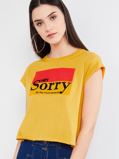 

max Women Yellow Printed Round Neck Pure Cotton T-shirt