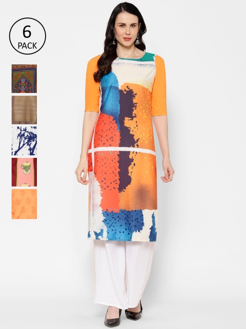 

7Threads Women Pack Of 6 Multicoloured Printed Straight Kurtas, Multi