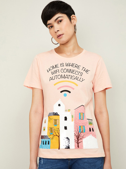

Ginger by Lifestyle Women Pink Printed Round Neck T-shirt
