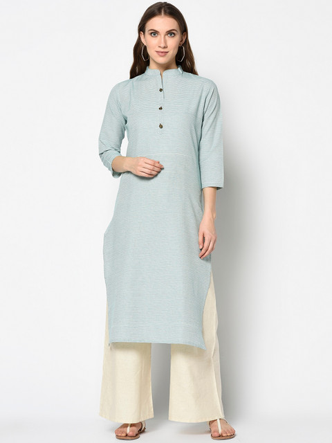 

Kvsfab Women Sea Green Striped Straight Kurta