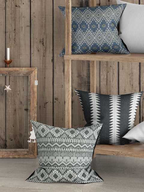 

BIANCA Blue & Black Set of 3 Abstract Square Cushion Covers
