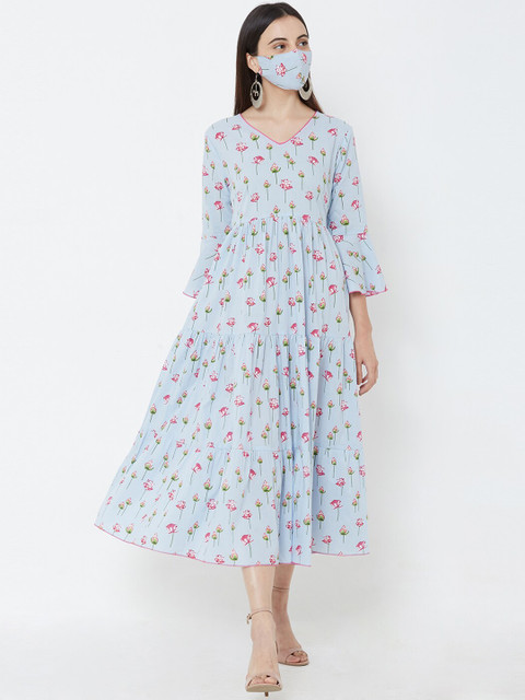 

FASHOR Women Blue Printed Fit and Flare Dress With 2-Ply Cloth Mask