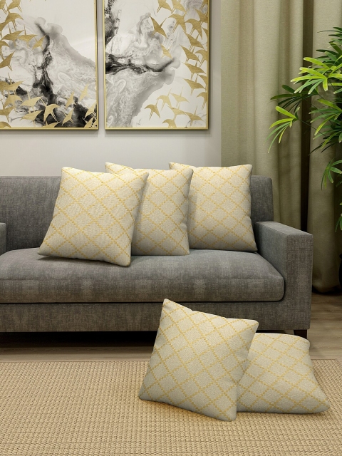 

KLOTTHE Yellow Set of 5 Self Design Square Cushion Covers