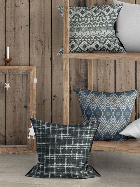 

BIANCA Black & Blue Set of 3 Geometric Square Cushion Covers