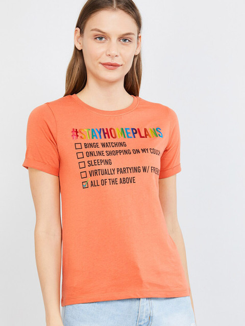 

max Women Orange Black Printed Round Neck Pure Cotton T-shirt