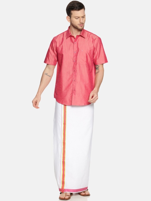 

RAMRAJ COTTON Men Pink & White Solid Shirt & Dhoti Set