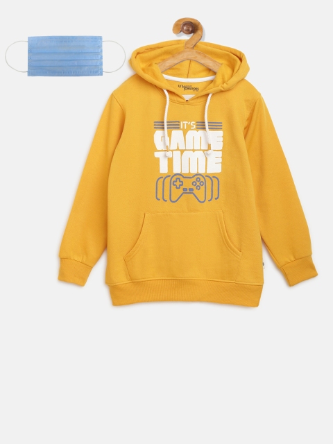 

Lil Tomatoes Boys Mustard Yellow Printed Hooded Sweatshirt