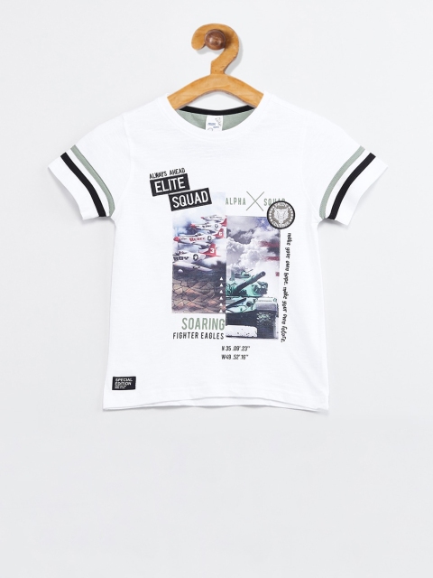 

max Boys White Printed Cotton Round-Neck T-shirt