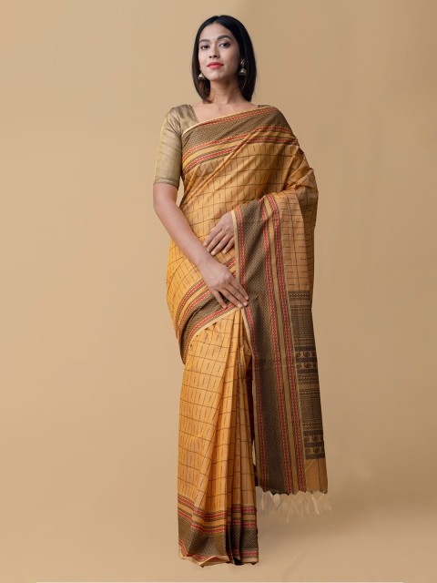 

Unnati Silks Mustard Yellow & Brown Pure Cotton Striped Mysore Silk Handloom Saree