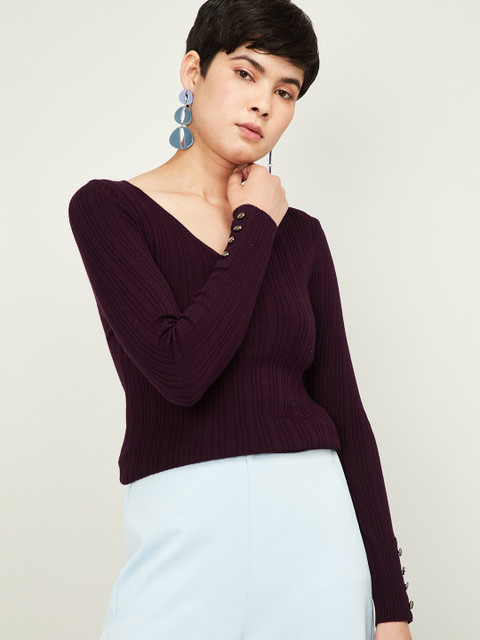 

CODE by Lifestyle Women Burgundy Ribbed Pullover Sweater