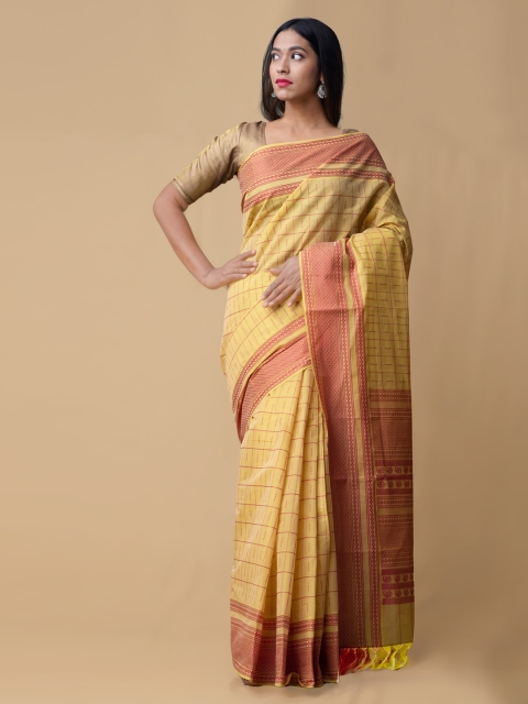 

Unnati Silks Yellow Pure Cotton Checked Handloom Mysore Silk Saree