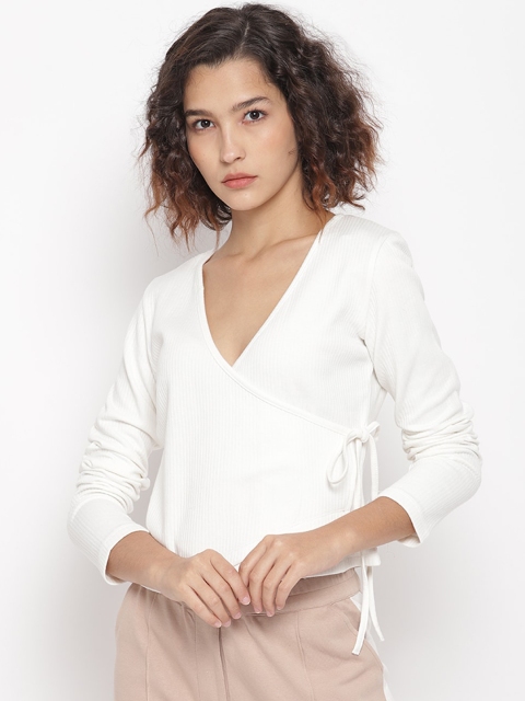 

LA LOFT Women White Solid Wrap Top