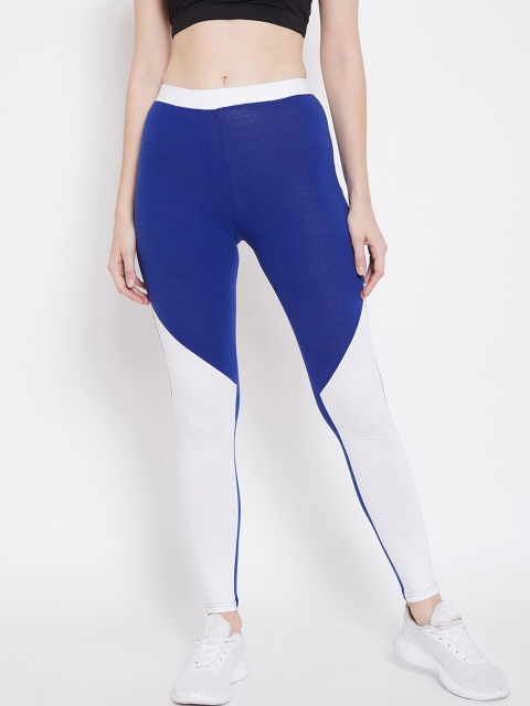 

Aliza Women White & Blue Colorblocked Workout and Active Sports Fitness Tights