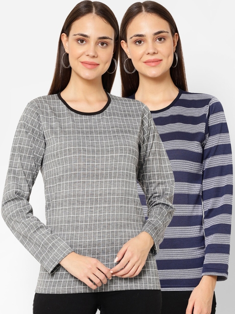 

VIMAL JONNEY Women Pack Of 2 Striped Round Neck T-shirt, Black