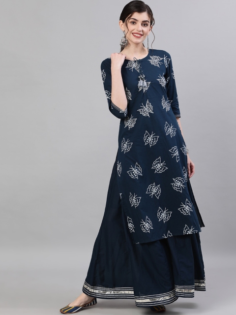 

Ishin DESIGNER STUDIO Women Navy Blue Printed Kurta with Skirt