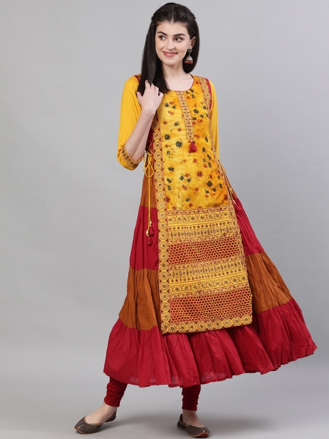 

Ishin DESIGNER STUDIO Women Mustard Yellow & Brown Embroidered A-Line Kurta