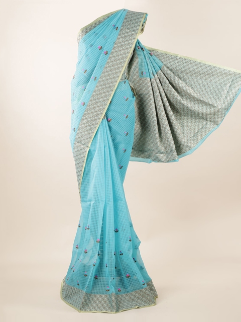 

Pothys Blue & Pink Cotton Blend Floral Embroidered Saree