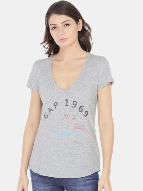 

GAP Women Grey Printed V-Neck T-shirt