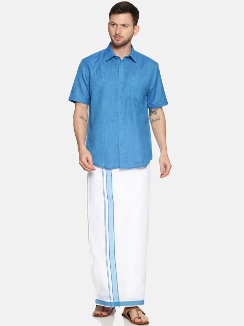 

RAMRAJ COTTON Men Blue & White Solid Shirt with Adjustable Dhoti
