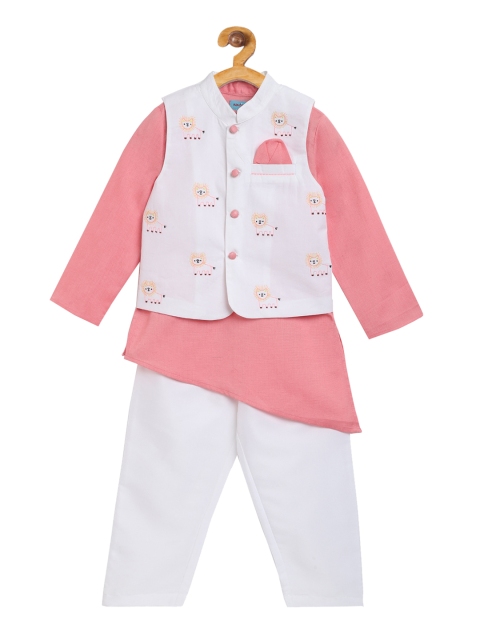 

Nauti Nati Boys Pink & White Solid Kurta with Pyjamas and Nehru jacket