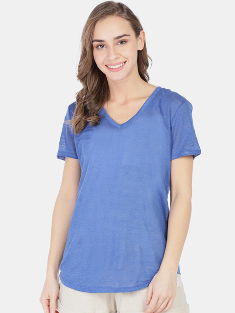 

GAP Women Blue Linen V-Neck Tee