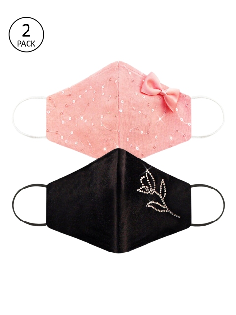 

Daffodils GIRLS WEAR Women Pink & Black 2 Pcs Embellished 3-Ply Cloth Mask
